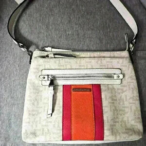 Dana Buchman womens crossbody purse. DB initials. Tan, cream, & white.